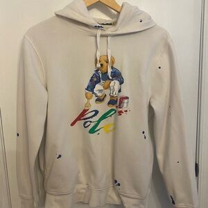 Ralph Lauren Cream Hoodie with Bear and Paint Graphic